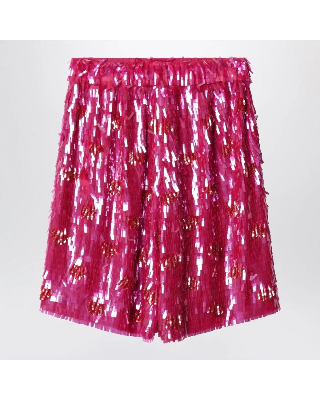 Dries Van Noten Red Fuchsia Silk Bermuda Shorts With Sequins