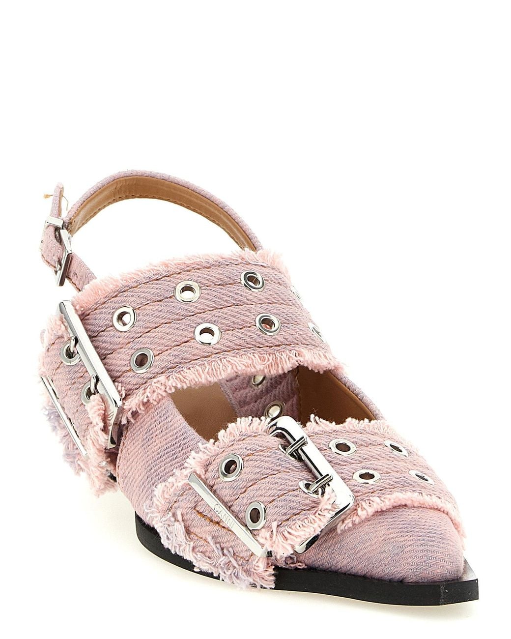 Ganni Pink 'Feminine Buckle Fringed Denim' Slingback