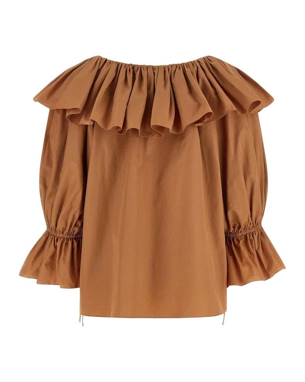 Chloé Brown Ruffled Cotton Blouse With Drawstring Cuffs For