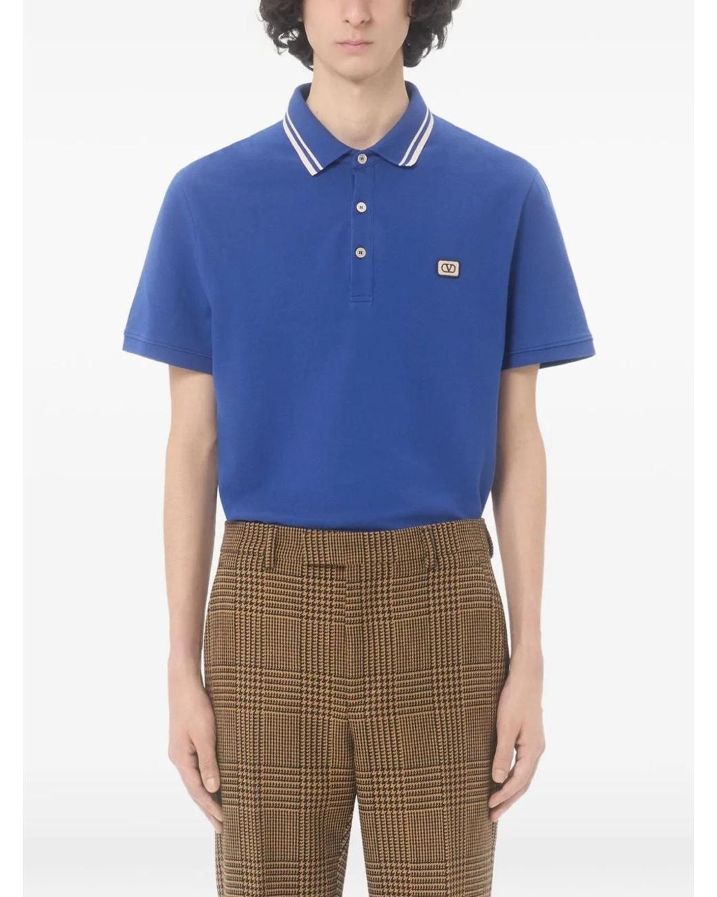 Valentino Garavani Blue Cotton Piqué Polo Shirt With Vlogo Patch for men