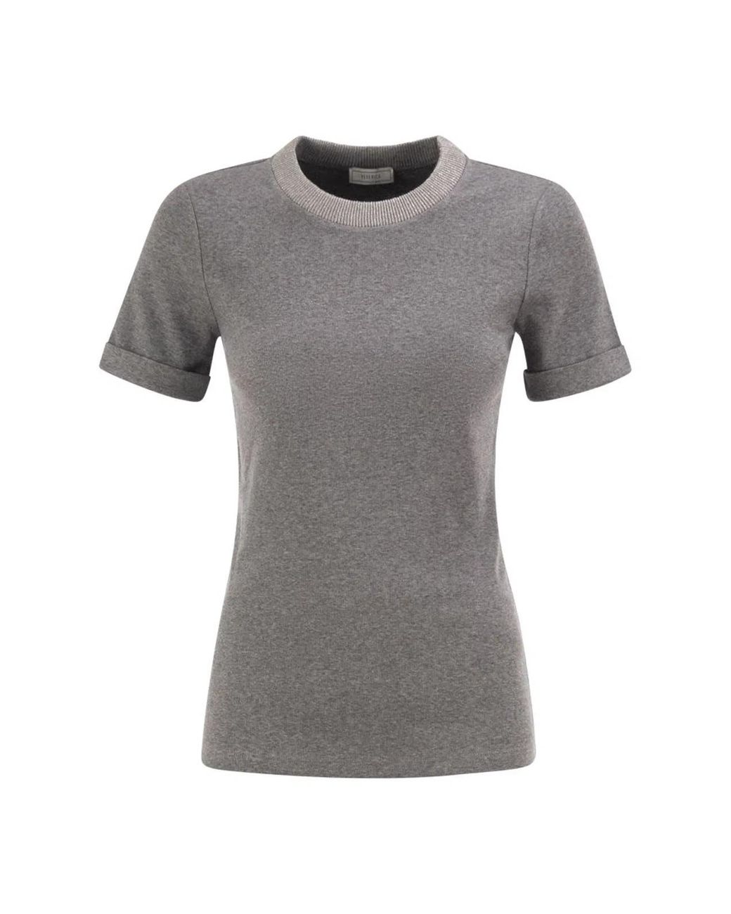 Peserico Gray Stretch Cotton Jersey T-Shirt With Lamé Knit Neckline