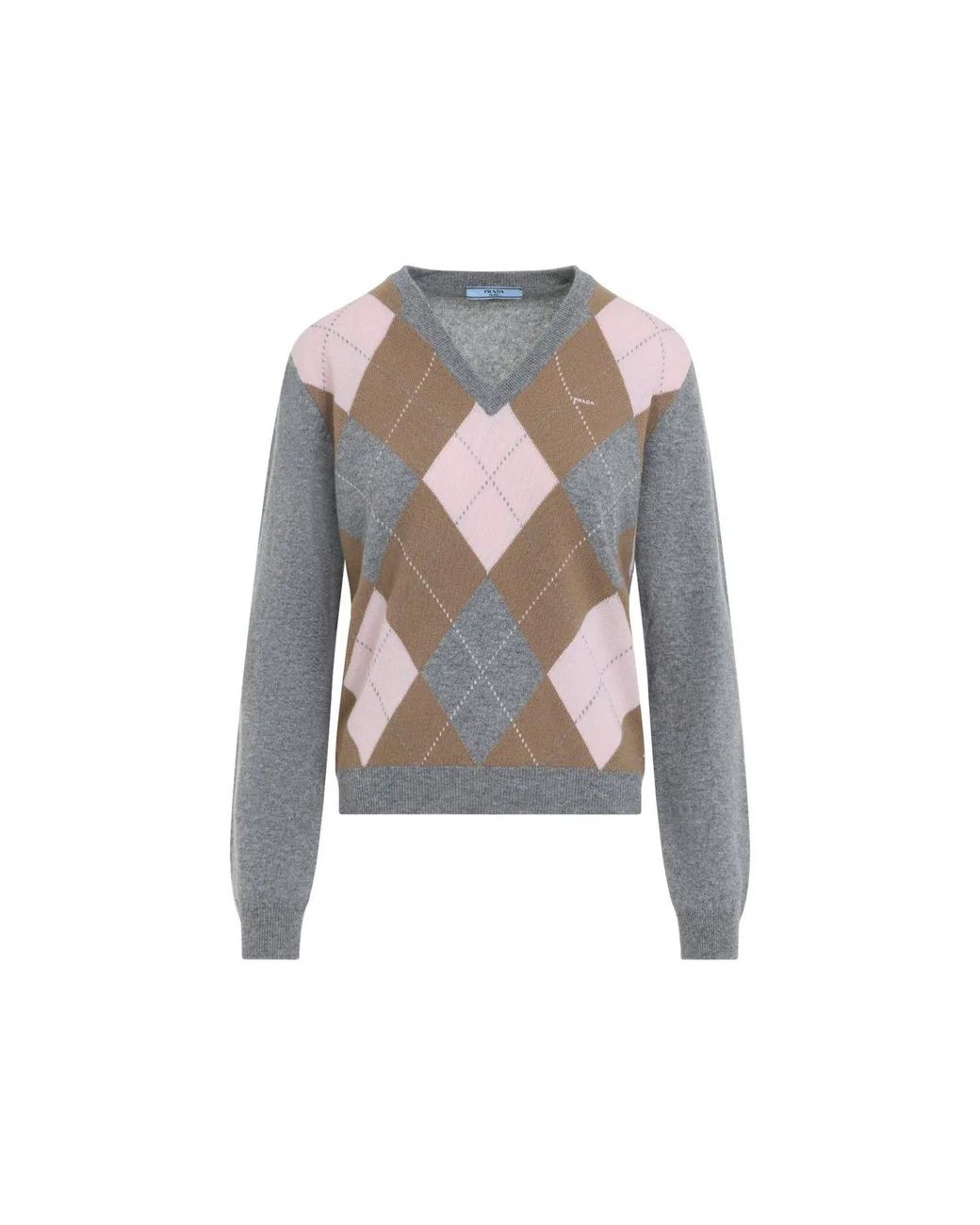 Prada Gray Grigio Cammello Argyle V-Neck Sweater