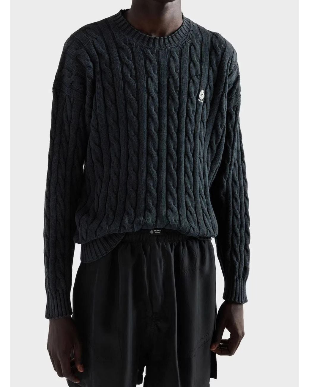 Prada Blue Crewneck Cable Knit Cotton Sweater for men