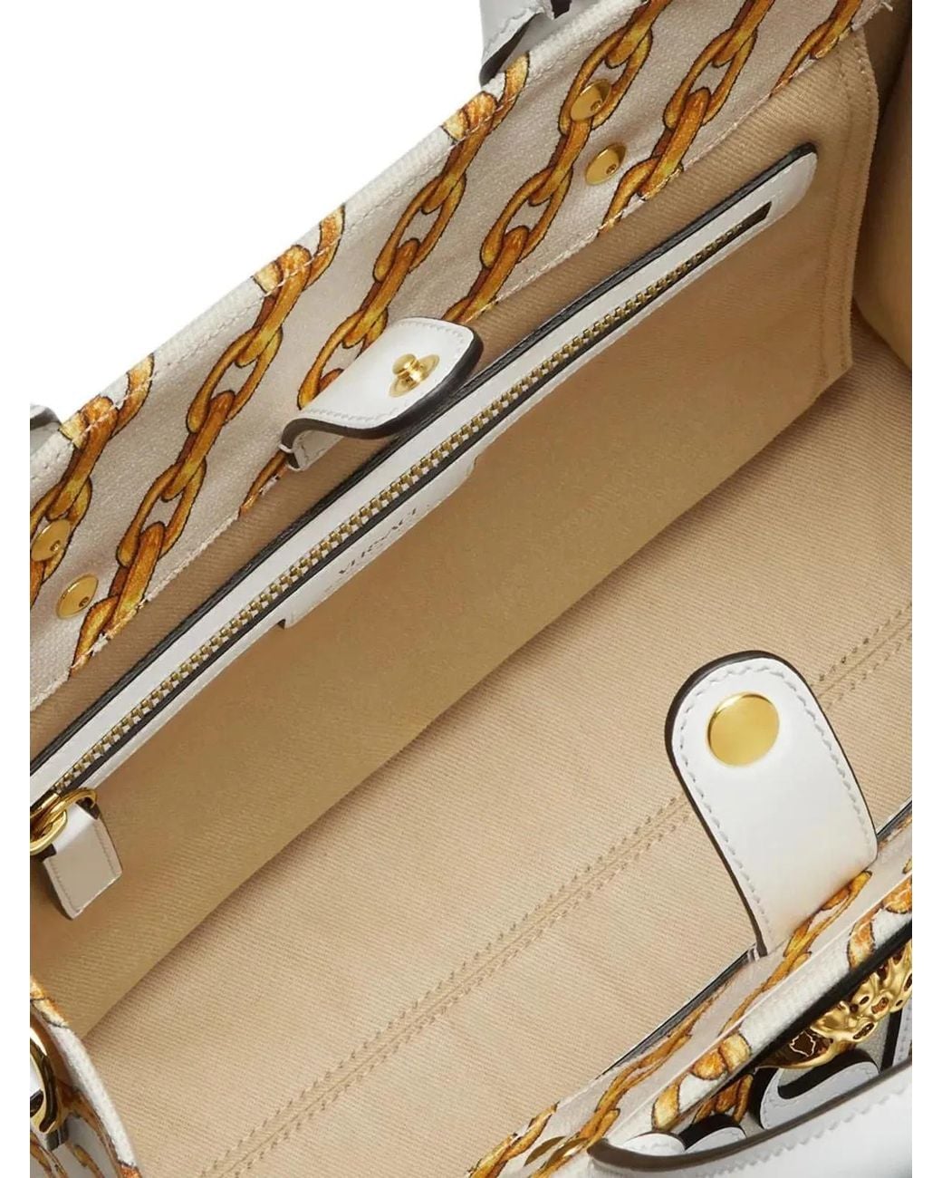 Versace Natural Printed Canvas Small Chain Stripes La Medusa Shopping Bag