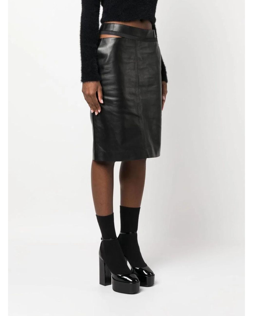 Fendi Black Leather Midi Skirt