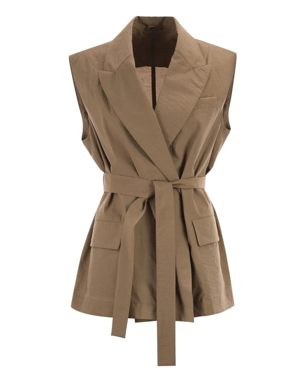 Brunello Cucinelli Brown Techno Cotton Poplin Waistcoat With Belt And Pendant