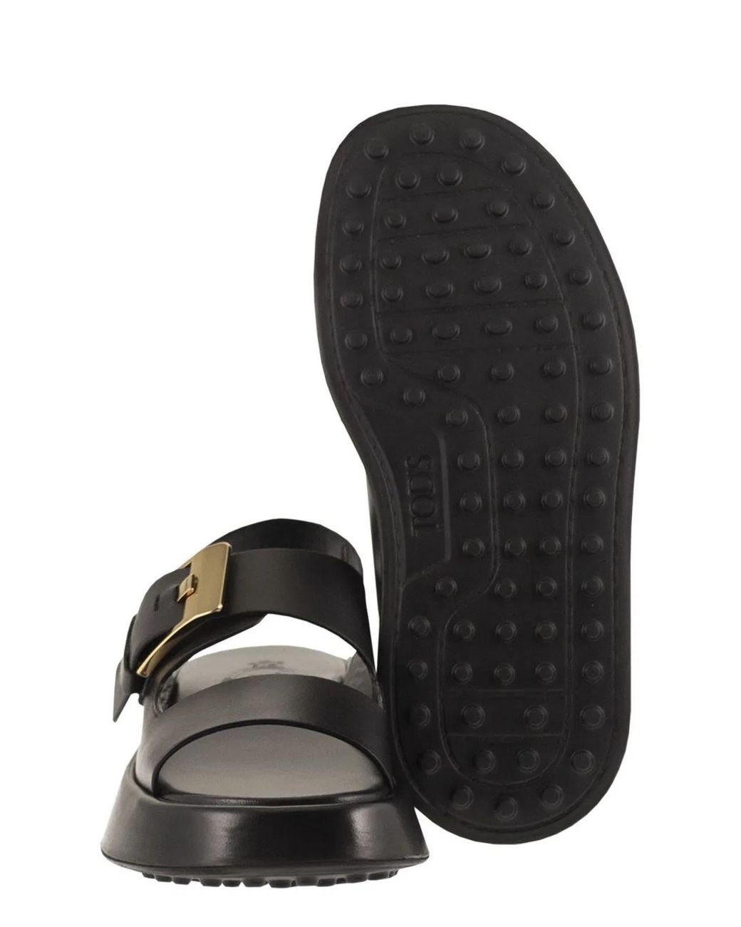 Tod's Black Sandale À Double Bride En Cuir Nappa Noir Semelle Épaisse