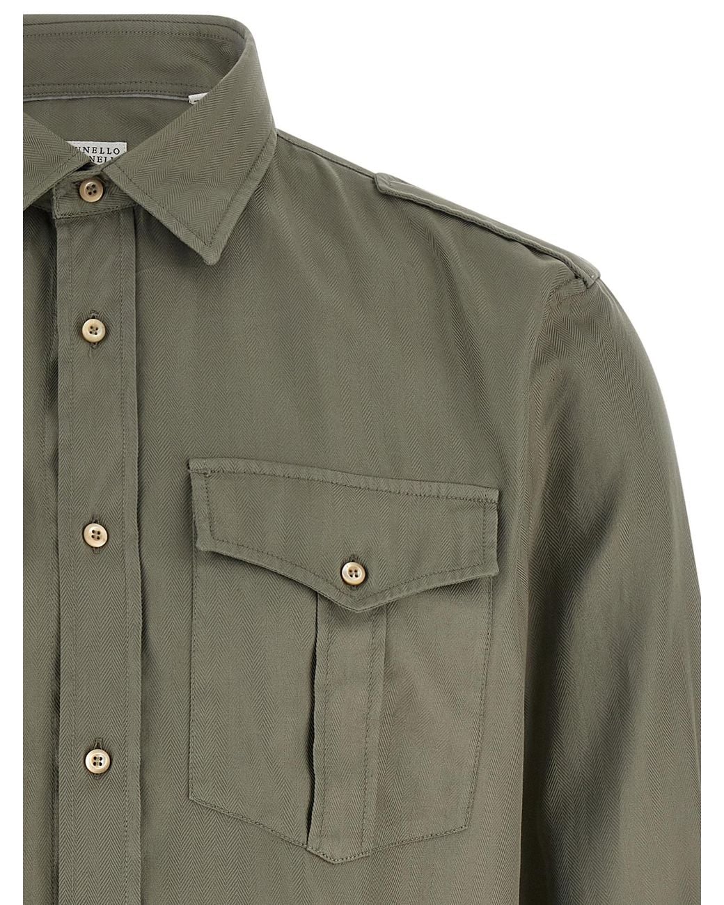 Brunello Cucinelli Green Cotton Chevron Shirt for men
