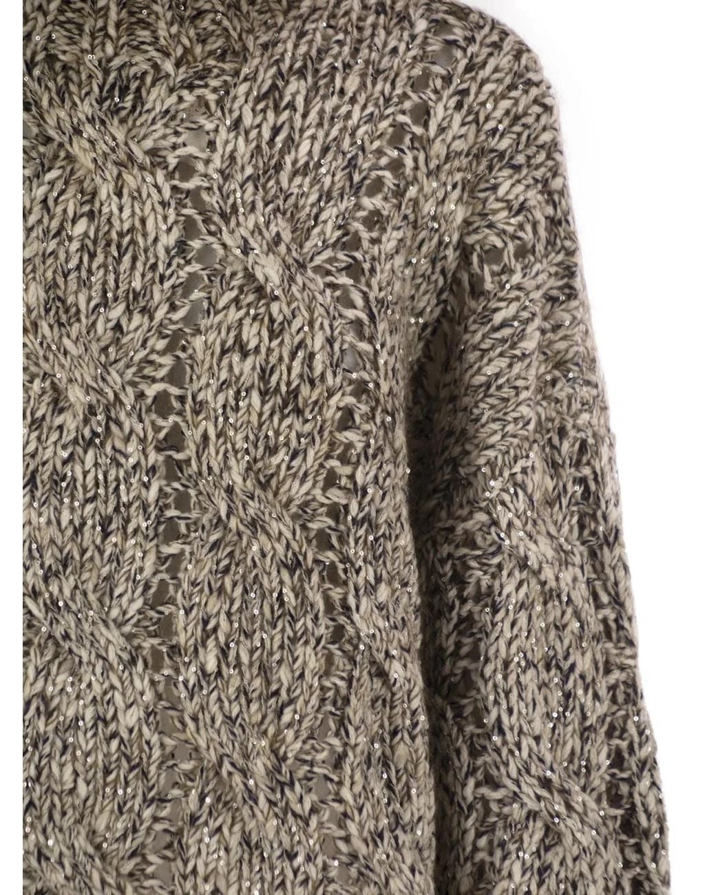Brunello Cucinelli Brown Soft Wool, Cashmere And Mohair Turtleneck Sweater With Braided Design