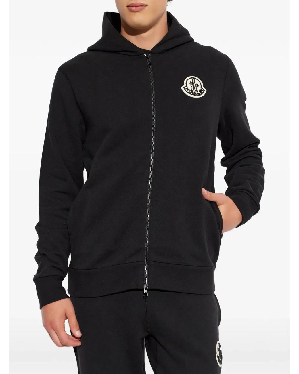 Moncler Black Sketched Logo Zip-Up Cotton Hoodie for men