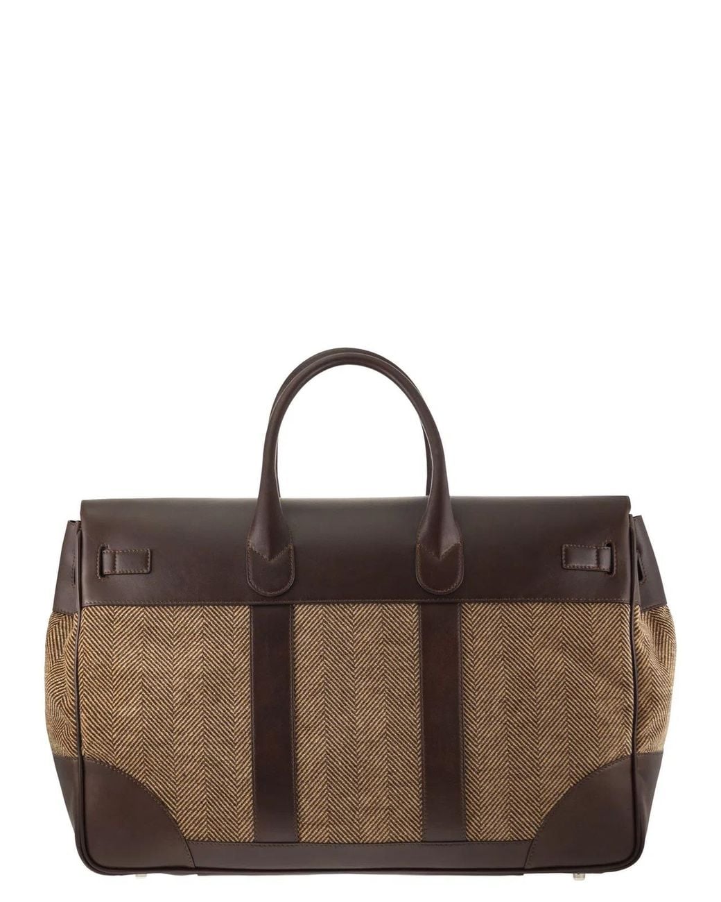 Brunello Cucinelli Brown Herringbone Fabric And Leather Weekender Bag for men