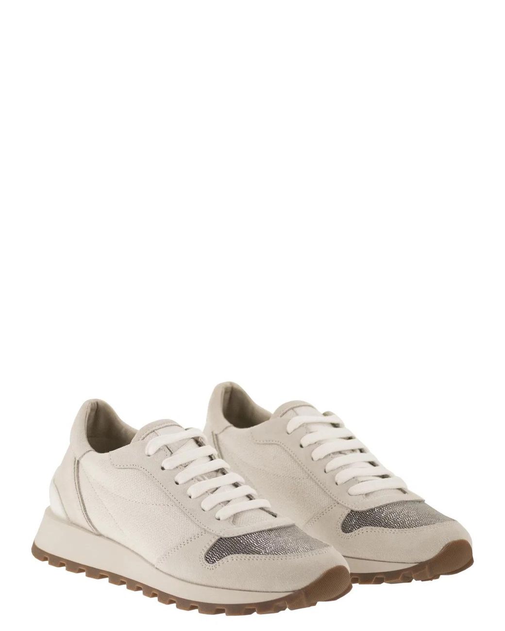 Brunello Cucinelli White Leather And Fabric Trainers