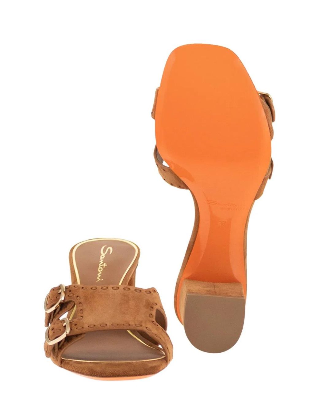 Santoni Brown Suede Mule Sandals With Double Buckle And Block Heel