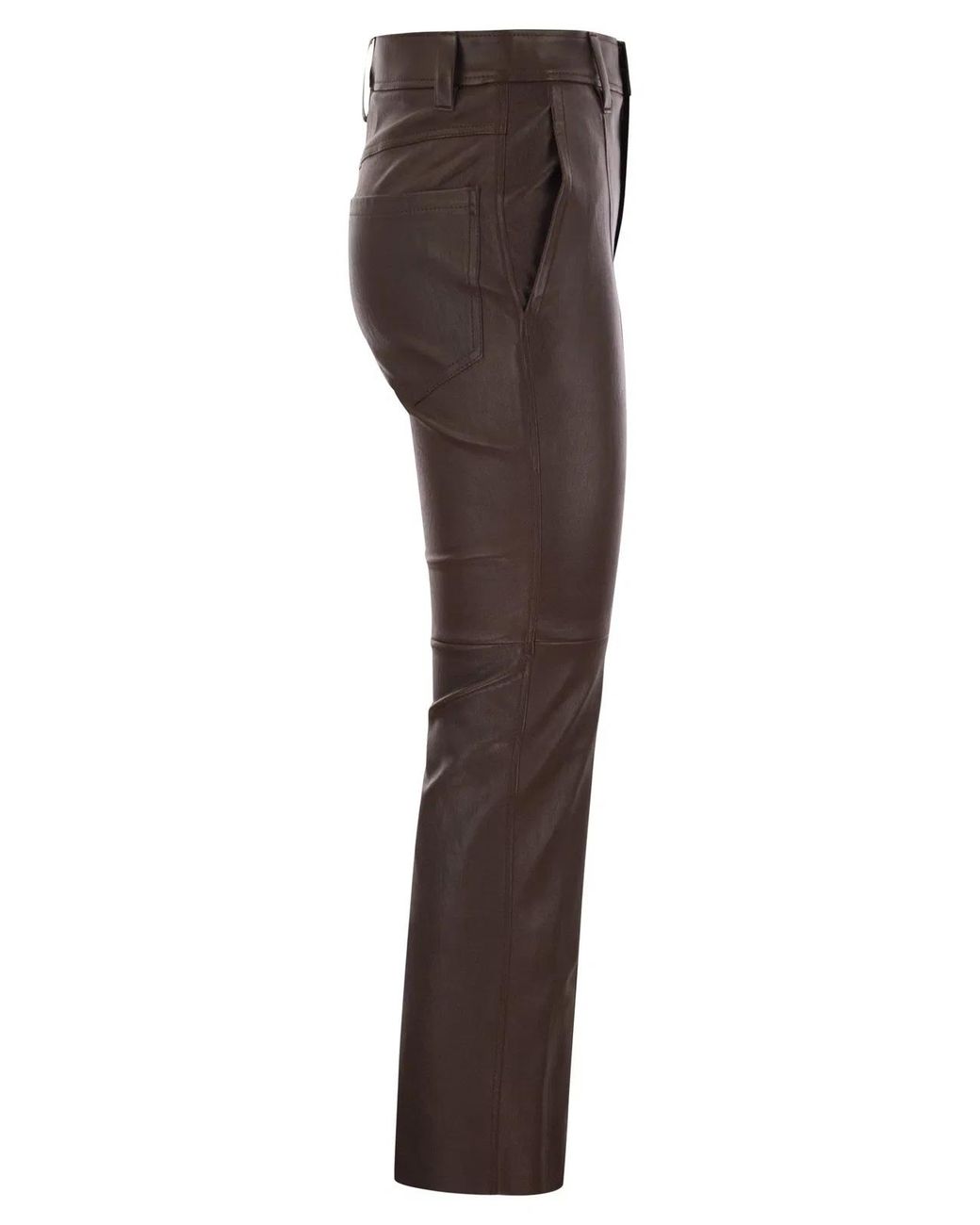 Brunello Cucinelli Brown Stretch Nappa Leather Square Cigarette Trousers With Jewellery