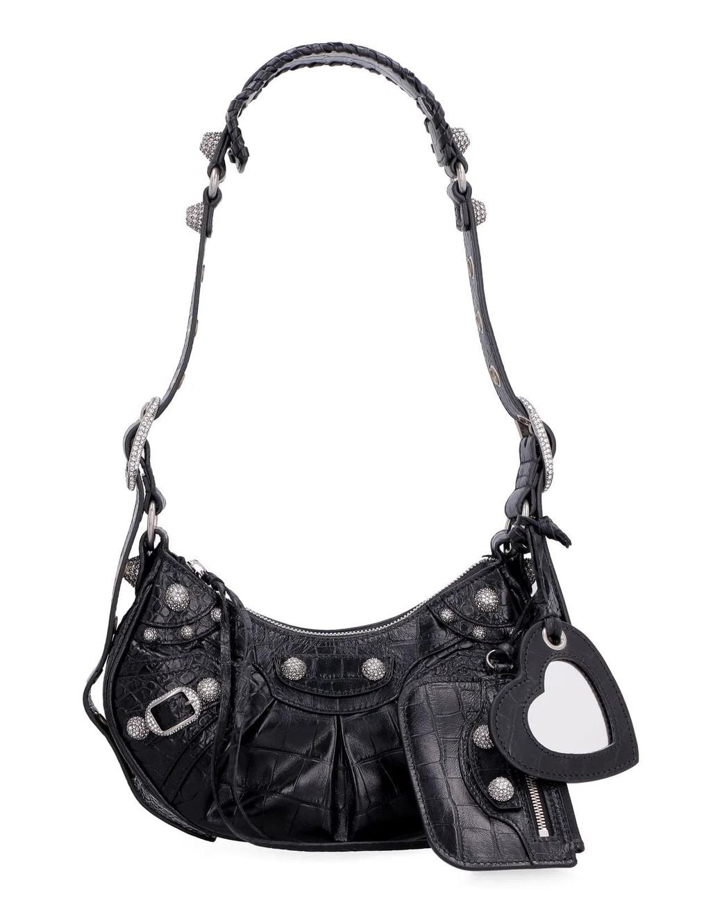 Balenciaga Black Le Cagole Xs Crocodile-Effect Mini Bag With Rhinestones