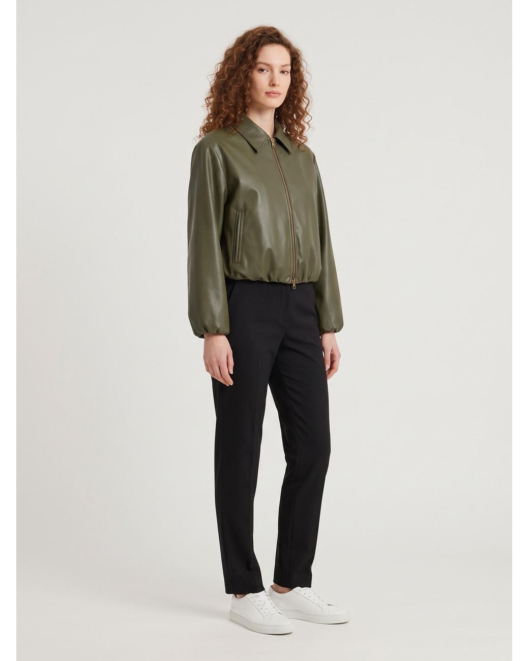 SUTTON NEW YORK Green Military Faux Leather Cropped Bomber