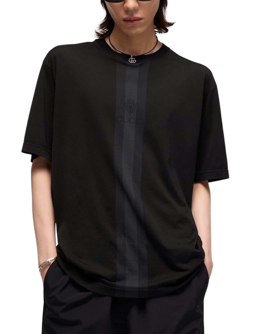 Gucci Black Cotton T-Shirt With Muted Web for men
