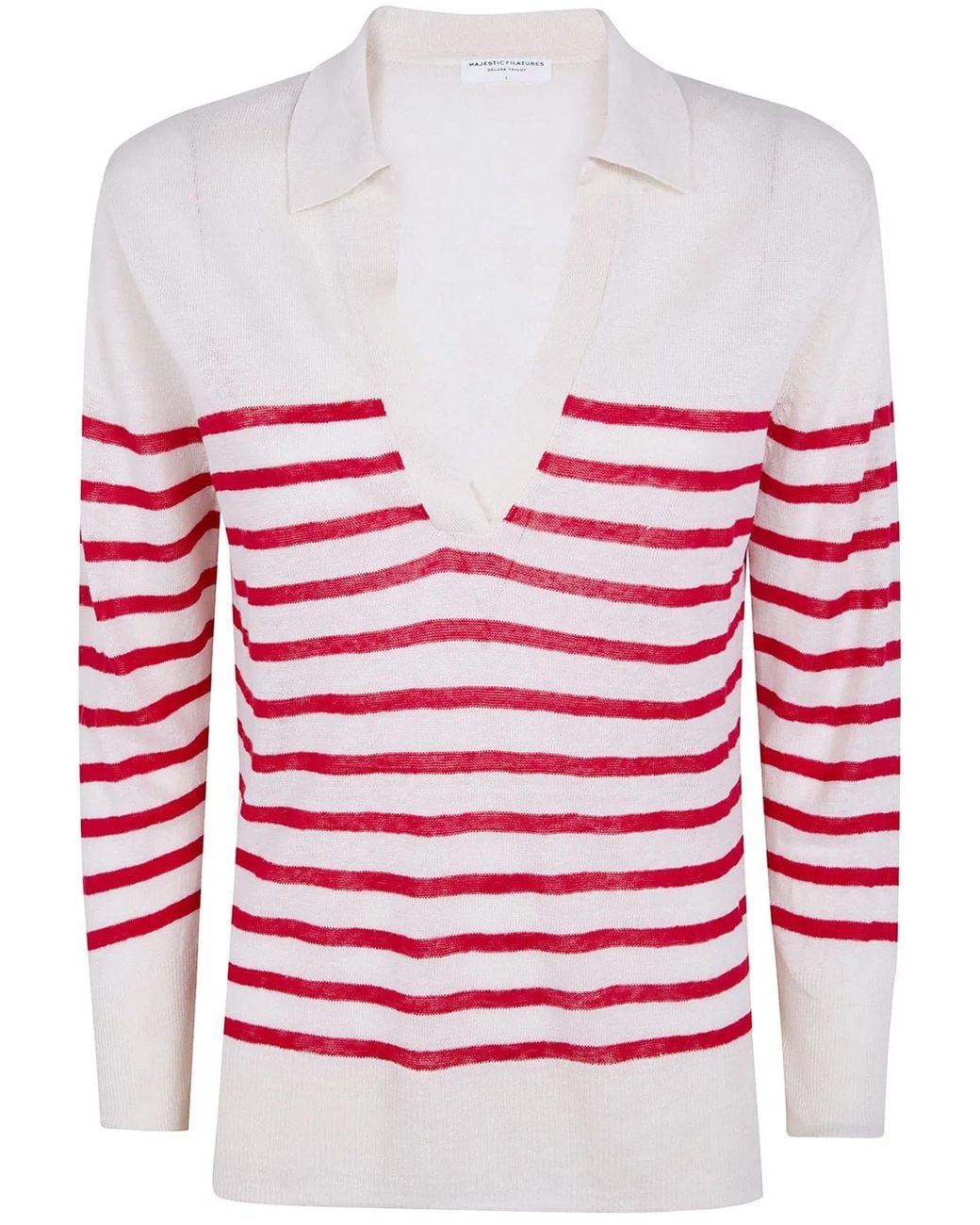 Majestic Red Oversized Linen 100 Stripes Polo Shirt