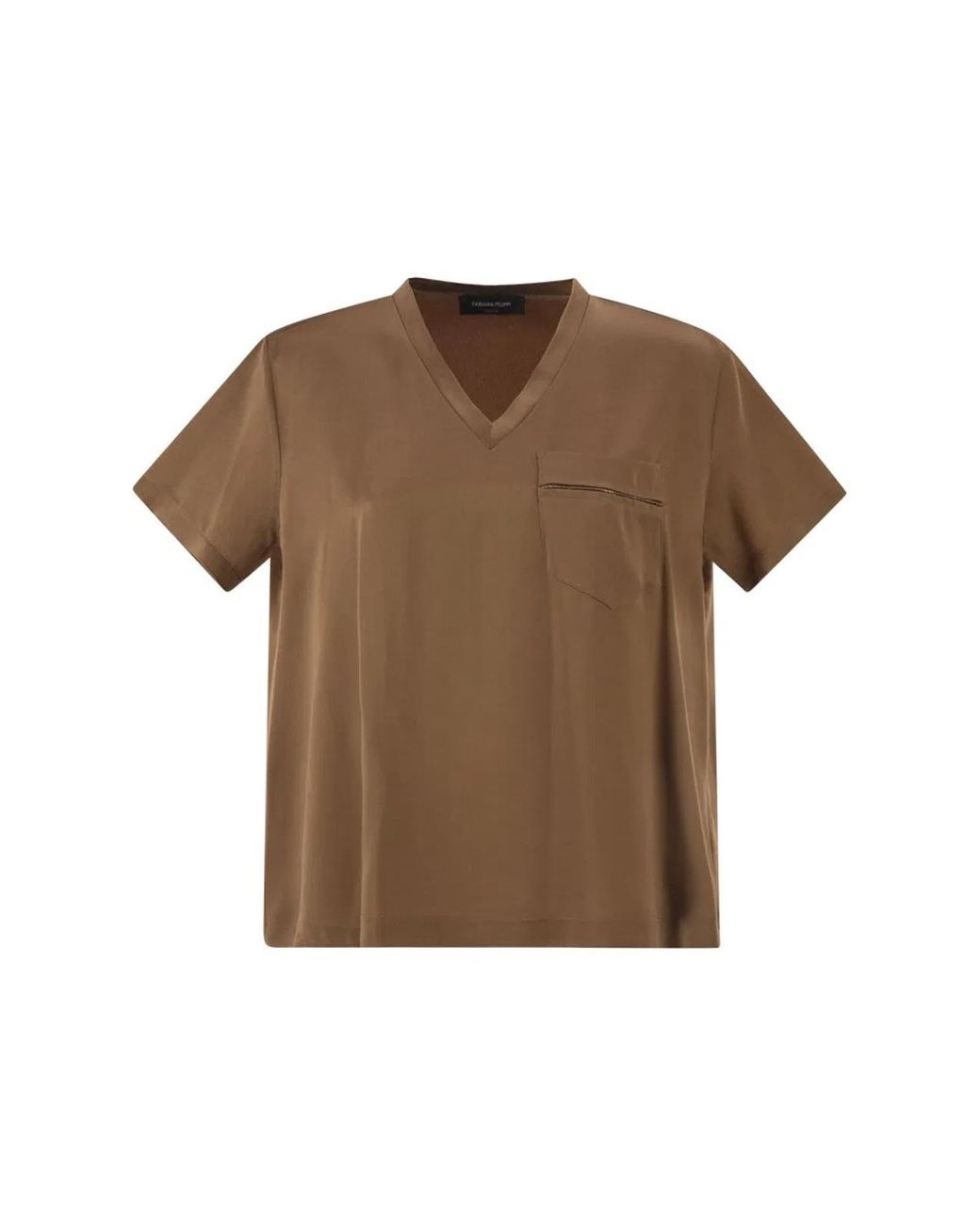Fabiana Filippi Brown V-Neck Satin Top With Elegant Pocket