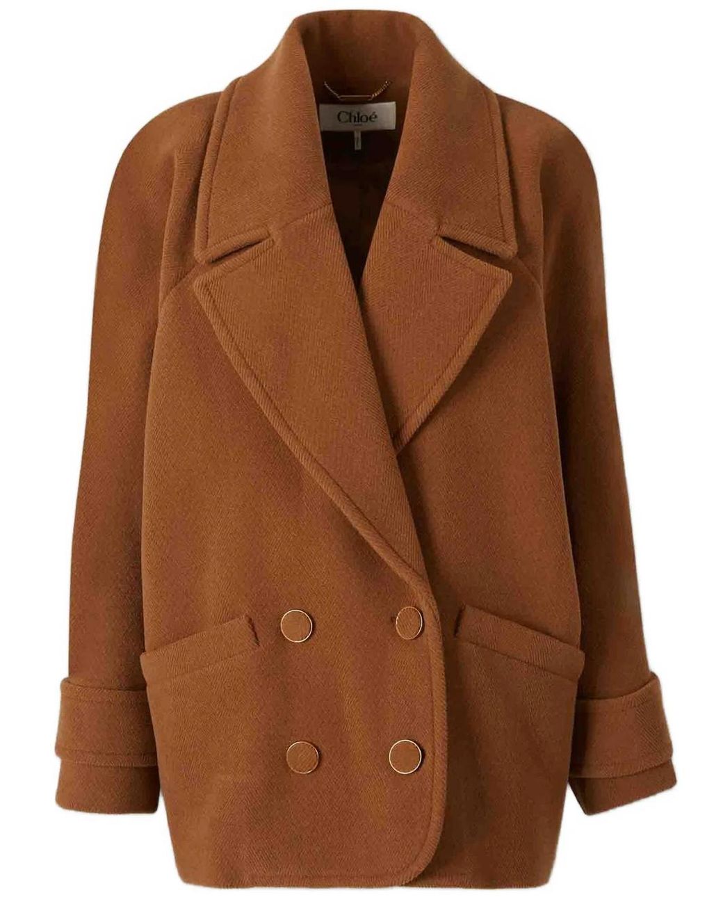 Chloé Brown Short Double-Breasted Wool Coat With Herringbone Pattern