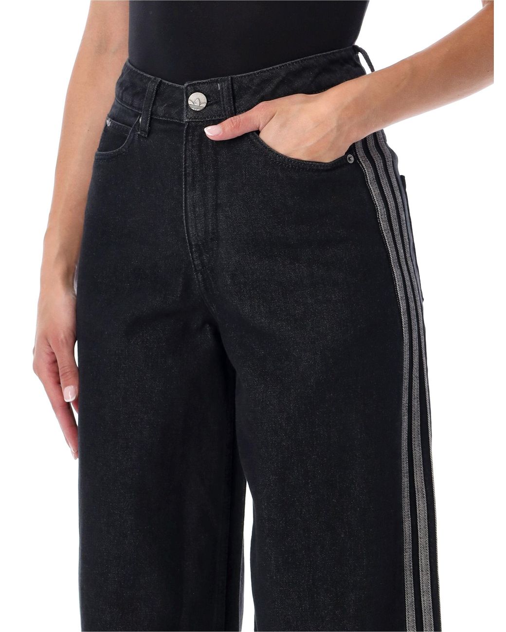 Adidas Originals Black High-Rise Wide-Leg Jeans With Side Stripes