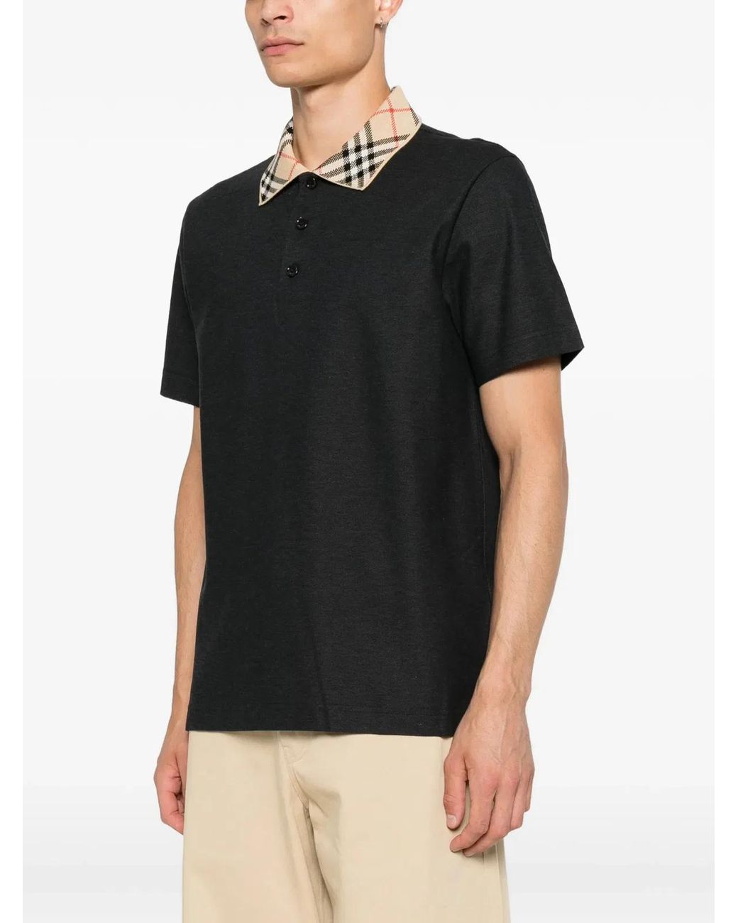 Burberry Black Check-Collar Cotton Polo Shirt for men