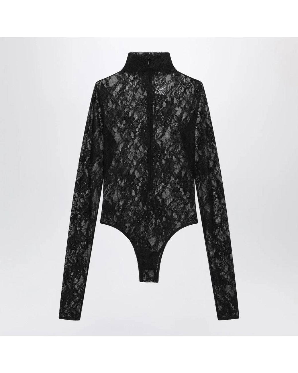 ANDAMANE Black Semi-Sheer Lace Turtleneck Bodysuit
