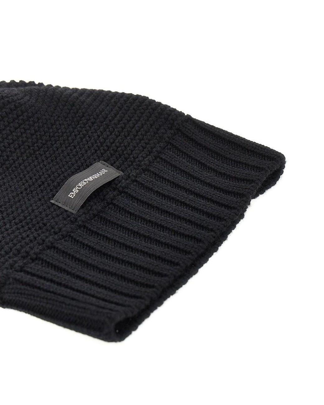 Emporio Armani Black Knitted Beanie Hat With Logo Label