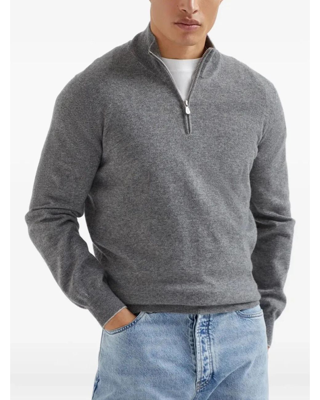 Brunello Cucinelli Gray Cashmere Half Zip Sweater for men