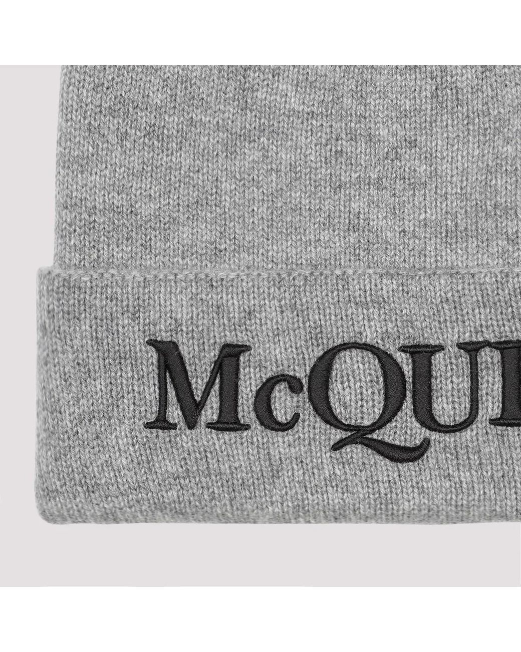 McQueen Gray Cashmere Beanie Hat for men