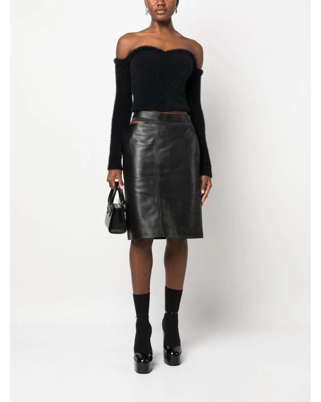 Fendi Black Leather Midi Skirt