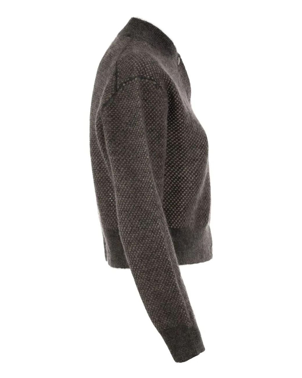 Brunello Cucinelli Gray Openwork Mohair Cardigan With Shimmering Yarn