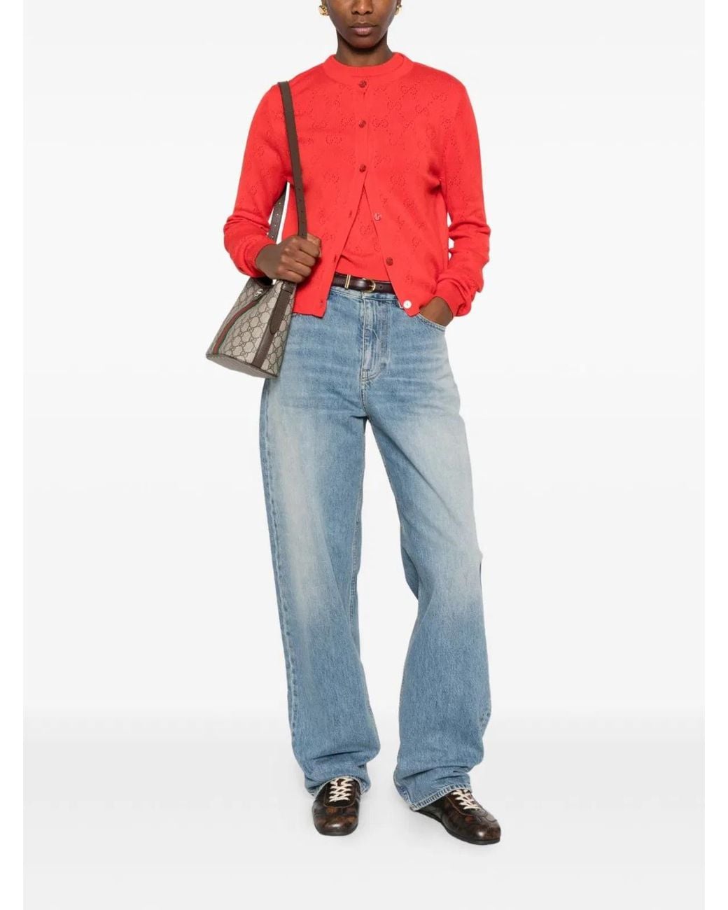 Gucci Red Cotton Monogram Cardigan With Perforations