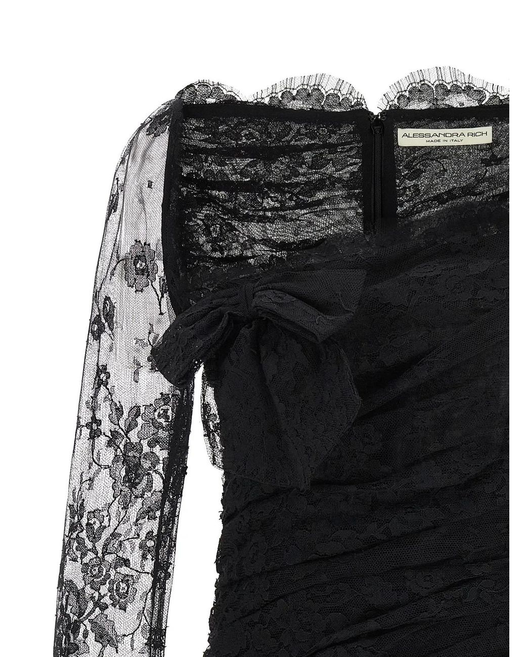 Alessandra Rich Black Draped Lace Mini Dress With Plunging Neckline