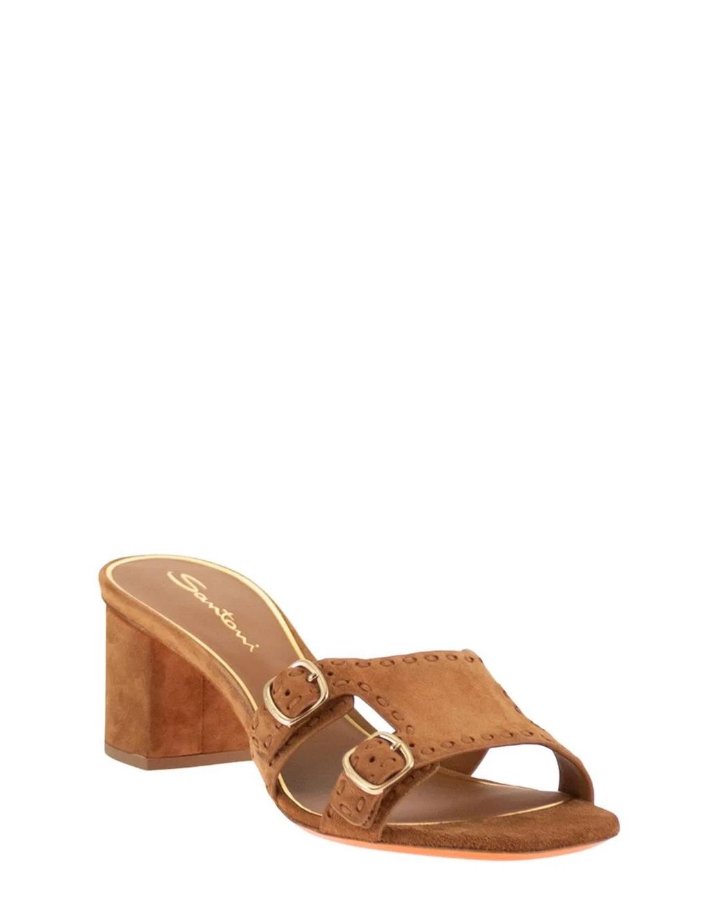 Santoni Brown Suede Mule Sandals With Double Buckle And Block Heel