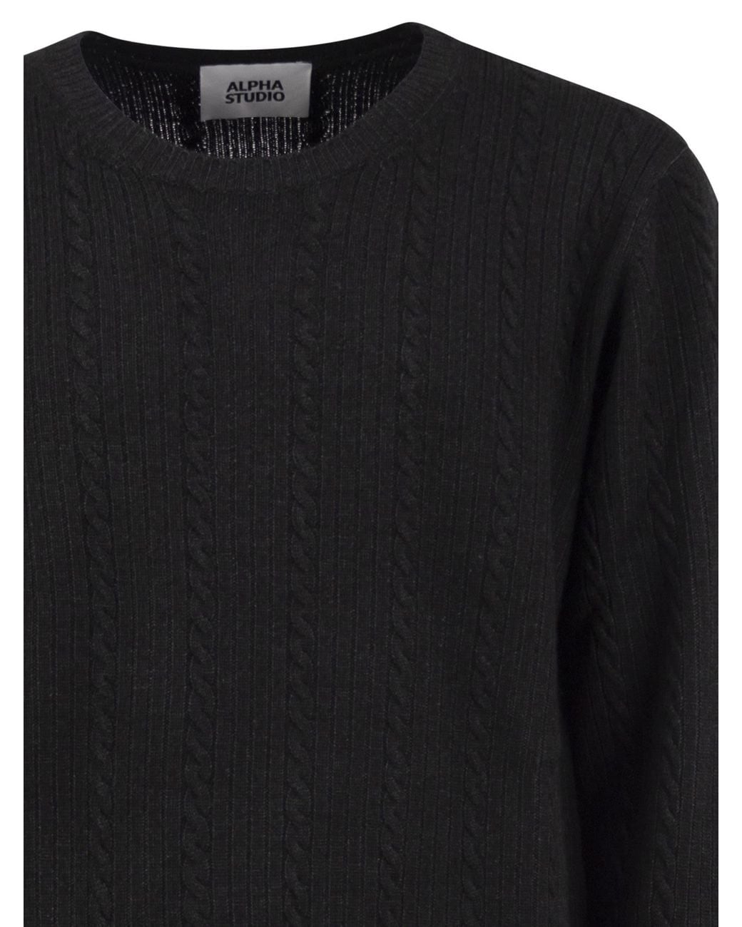 Alpha Studio Black Merino Wool Cable-Knit Crew-Neck Jumper for men