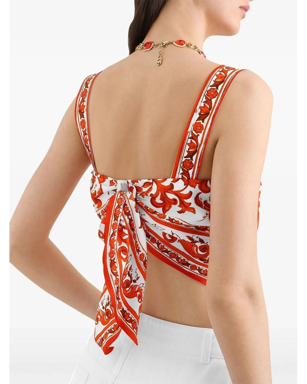Dolce & Gabbana White Dolce & Gabbana Majolica-Print Silk Twill Bustier Top