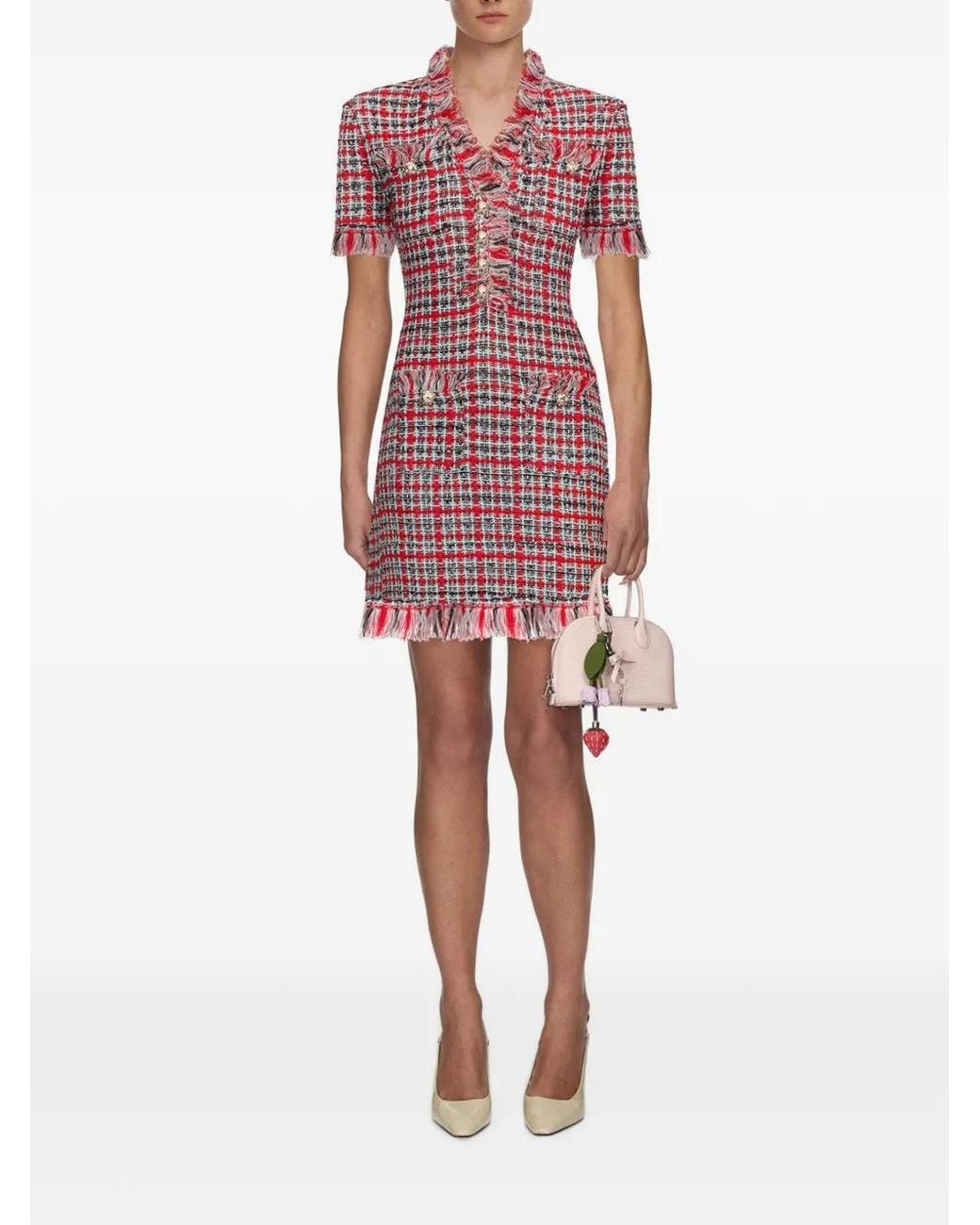 Self-Portrait Pink Check Frayed Knit Mini Dress