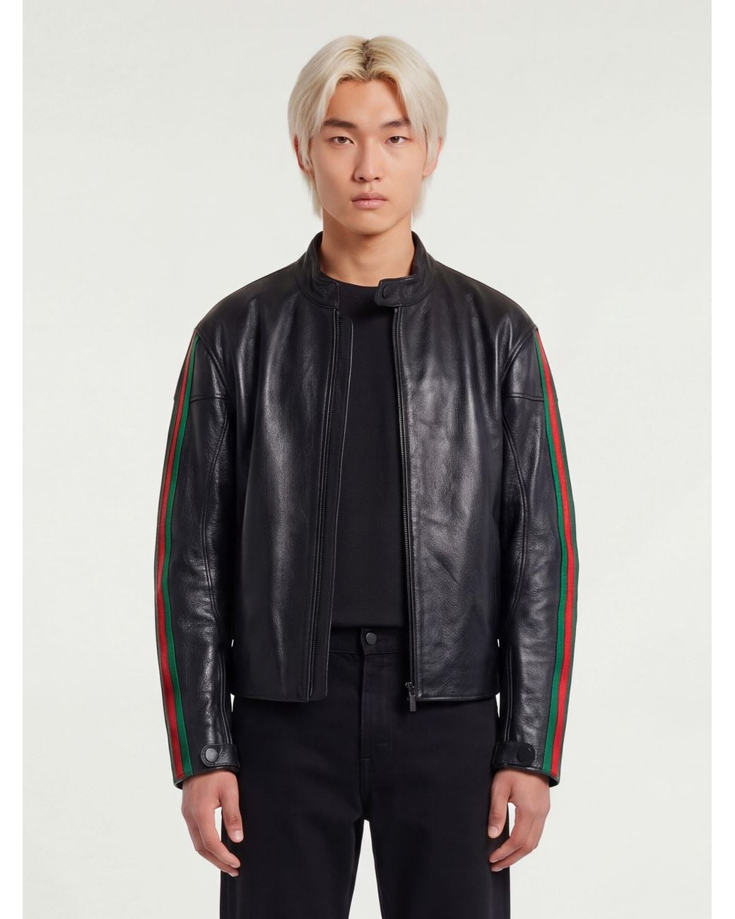 Gucci Gray Leather Biker Jacket With Web Detail for men