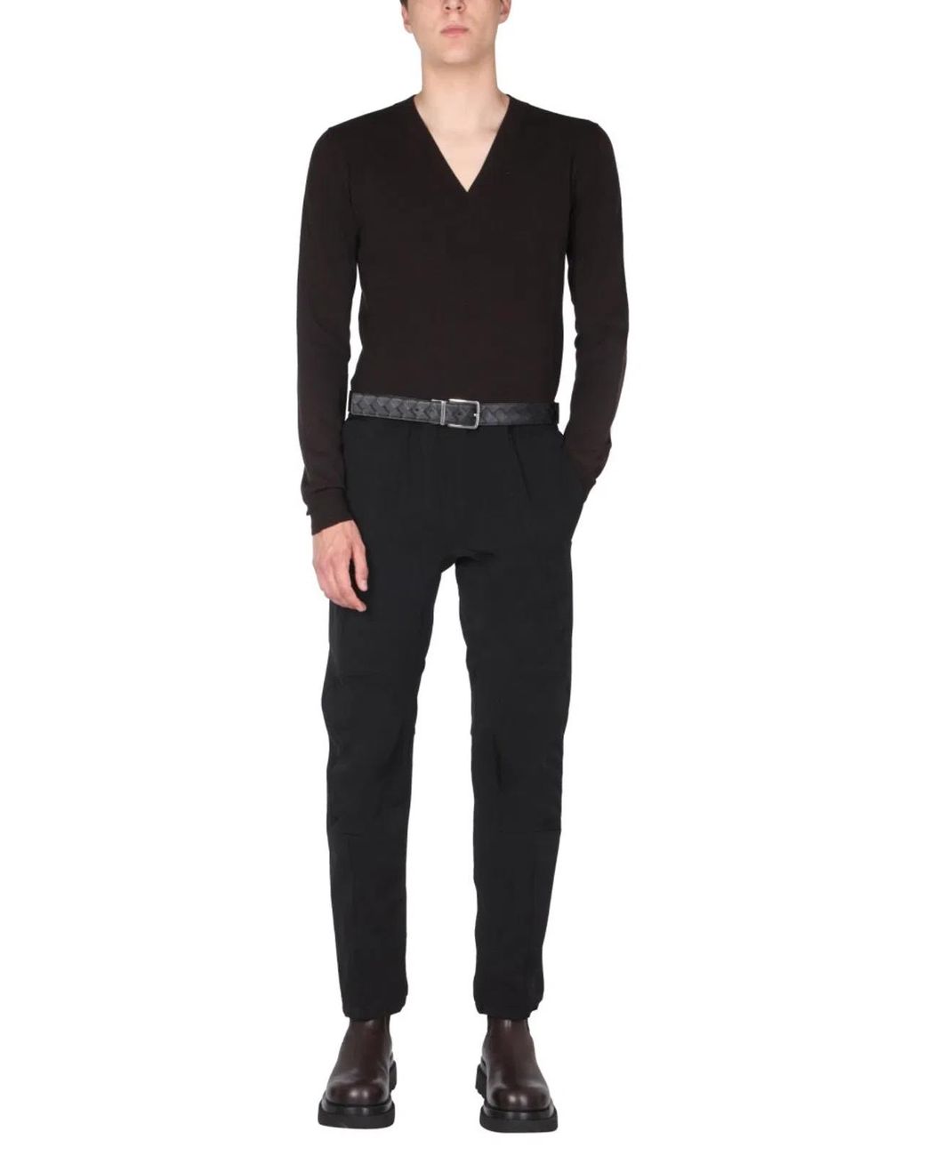 Bottega Veneta Black V-Neck Wool Sweater With Contrasting Stitch for men