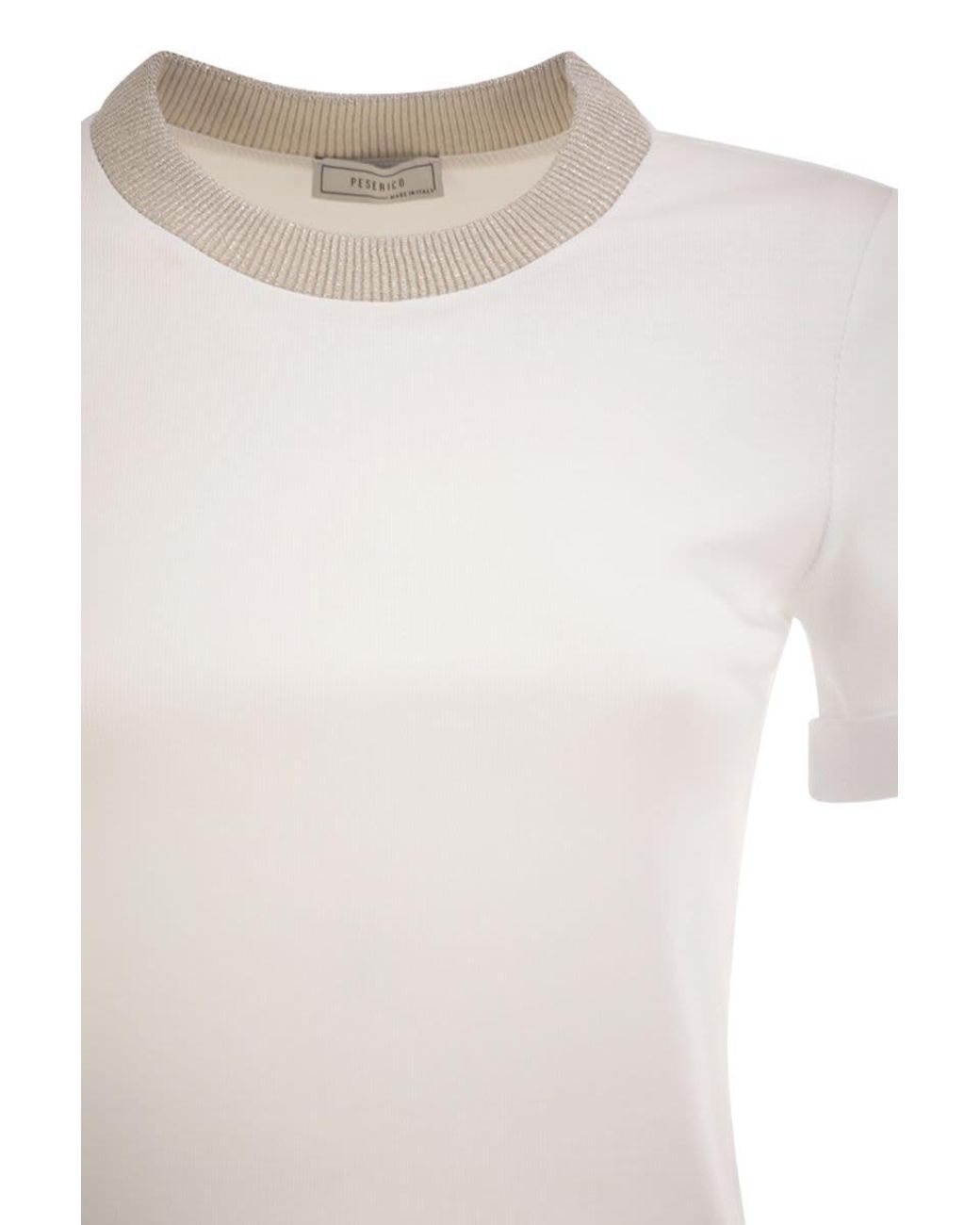 Peserico White Stretch Cotton Jersey T-Shirt With Lamé Knit Neckline