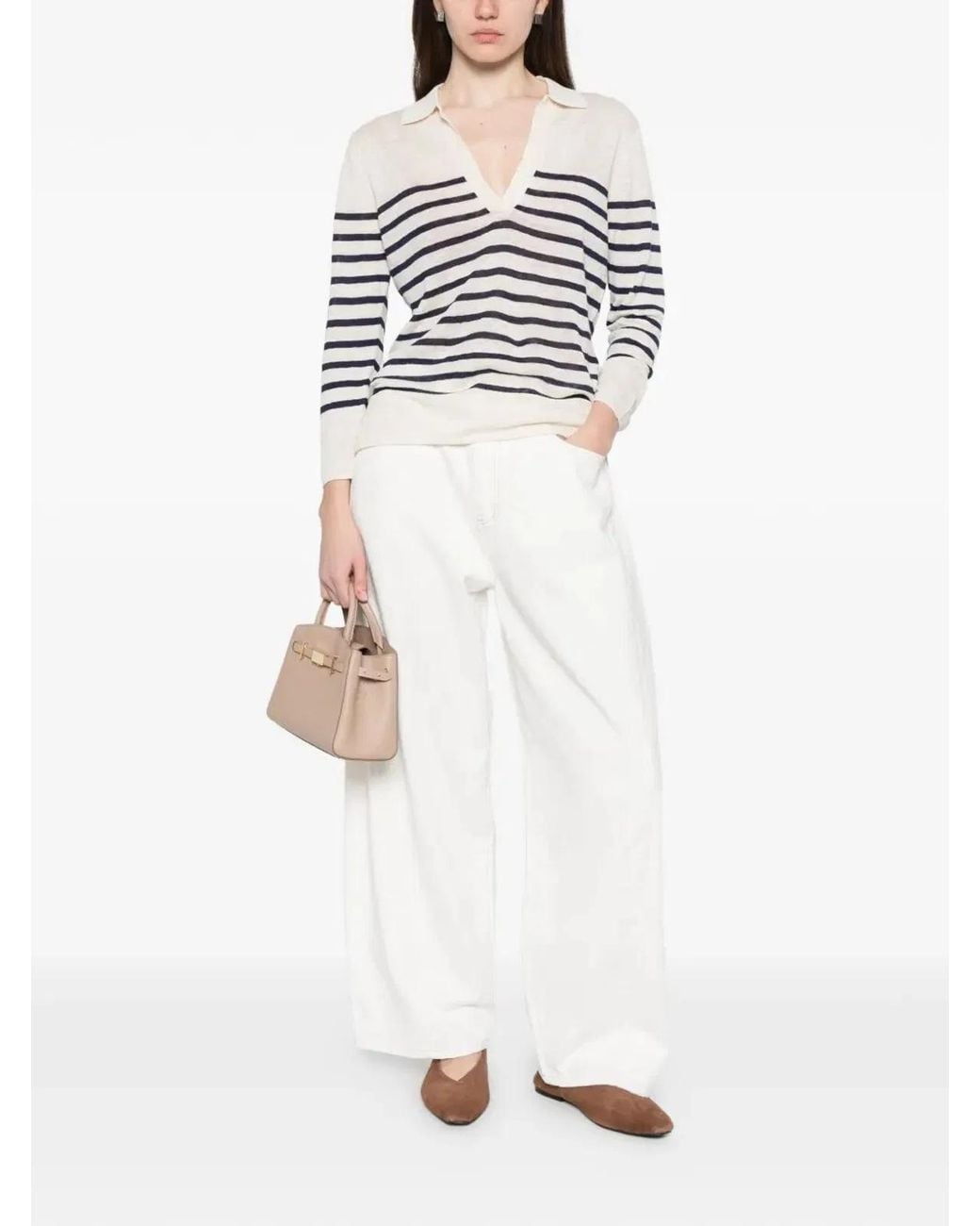 Majestic White Oversized Linen 100 Stripes Polo Shirt