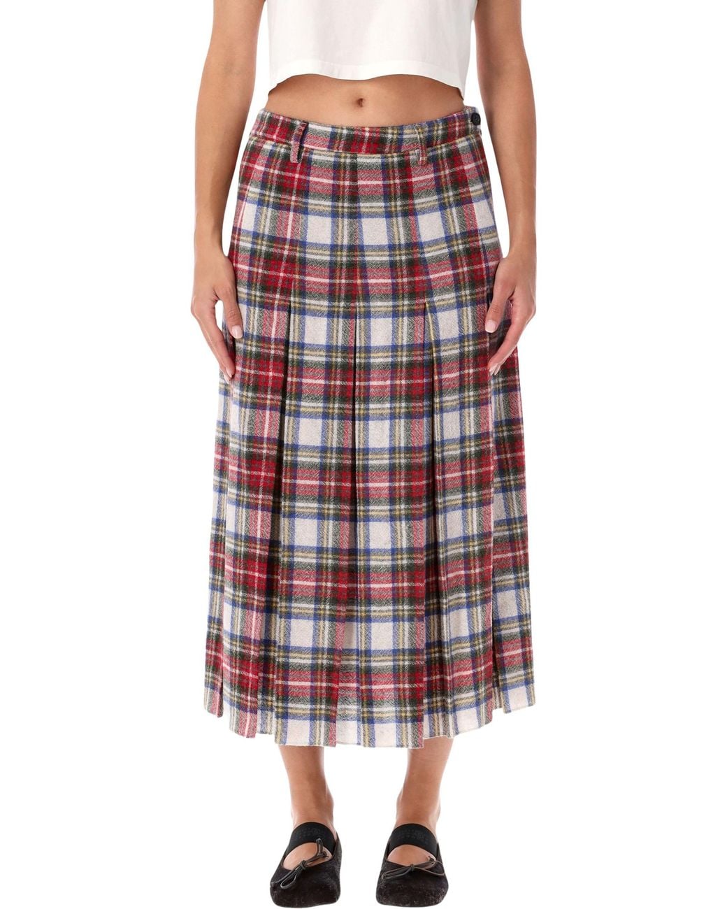 MM6 by Maison Margiela Red Long Pleated Woolblend Skirt With Check Pattern
