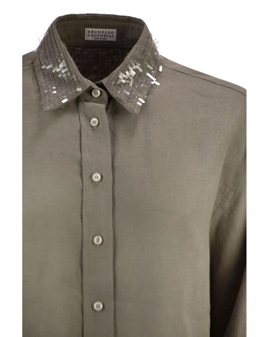 Brunello Cucinelli Green Linen Shirt With Sequin-Embroidered Collar