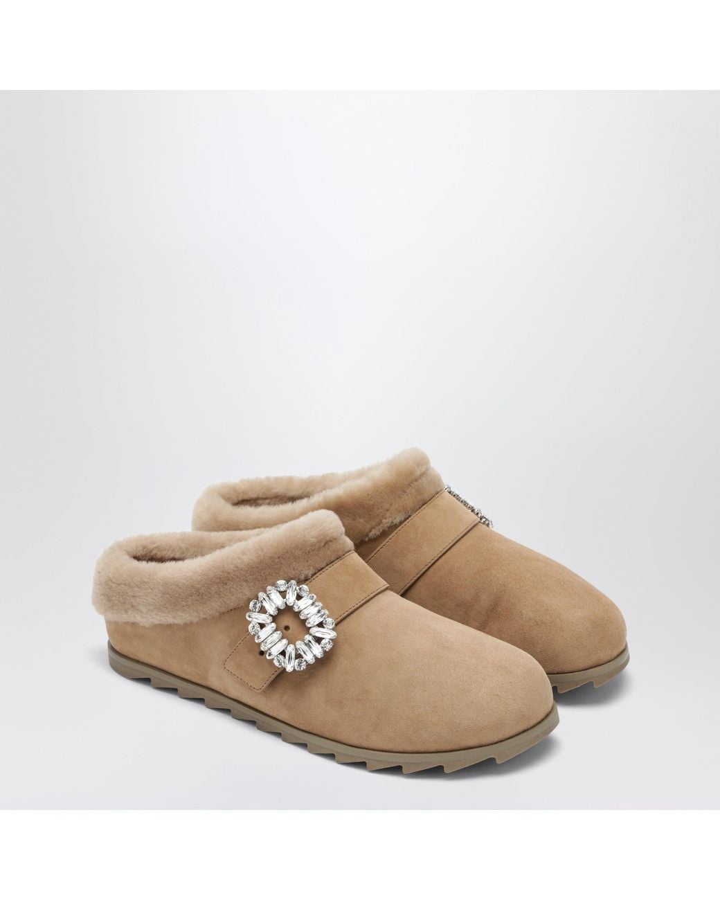 Roger Vivier Natural Tobacco Suede Belle Vivier Buckle Mules