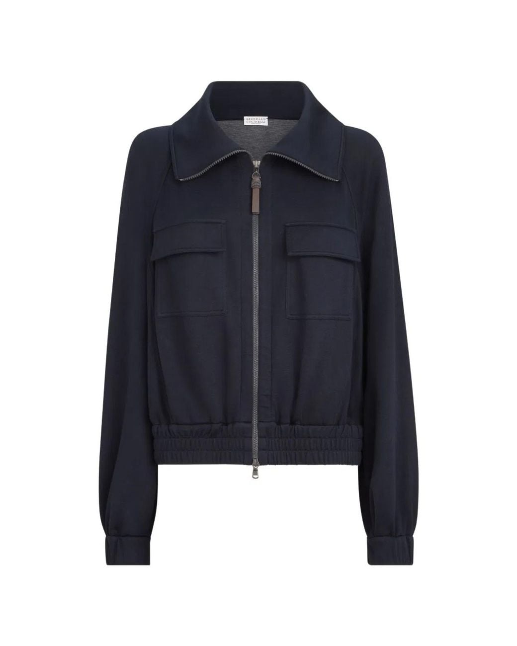 Brunello Cucinelli Blue Cotton-Silk Interlock Cardigan Featuring Patch Pockets And A Signature Monili Zipper Pull