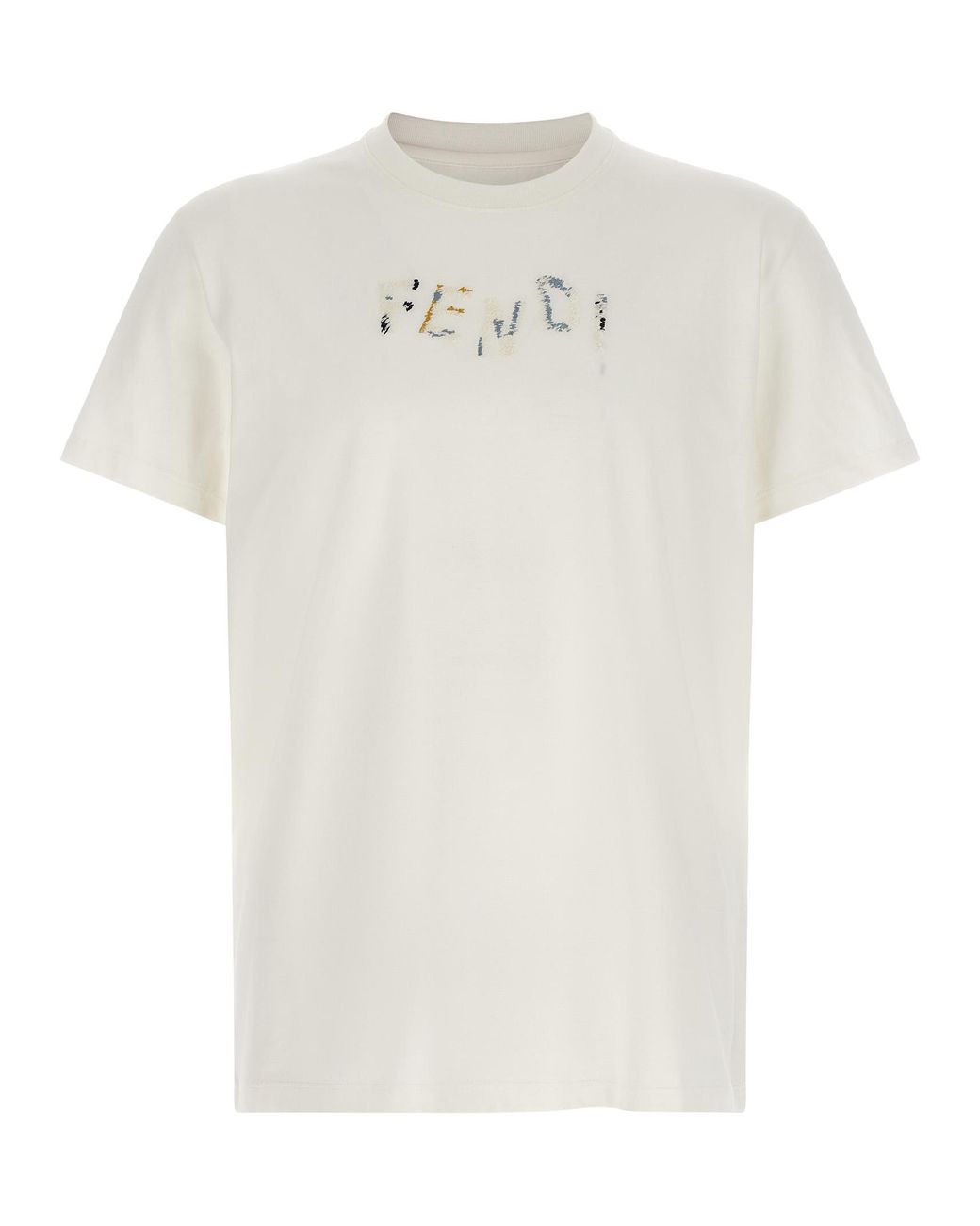 Fendi White Logo Embroidery T-Shirt for men