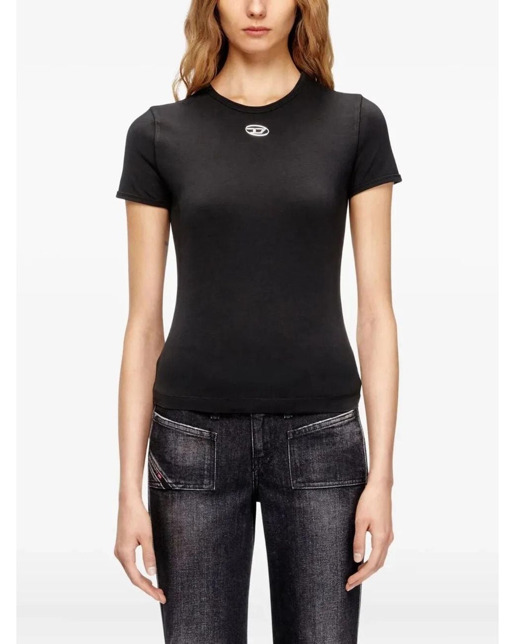 DIESEL Black Slim T-Shirt With Metallic Oval D