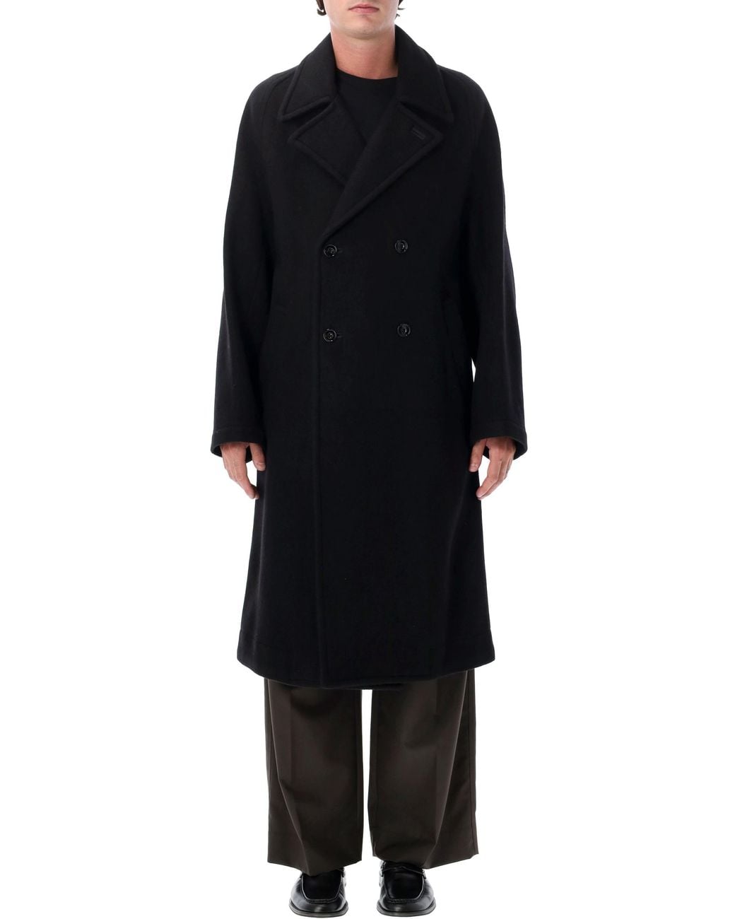 Lemaire Black Double-Breasted Wool Coat for men