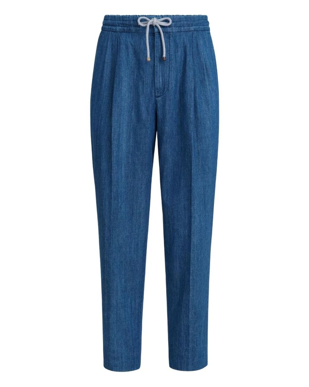 Brunello Cucinelli Blue Lightweight Denim Trousers With Drawstring And Double Pleats for men